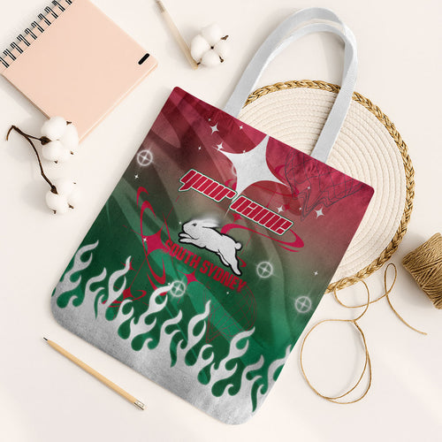 Personalized South Sydney Rabbitohs Tote Bag Y2K Grunge Aesthetic With Cyber Flames and Starburst Graphics