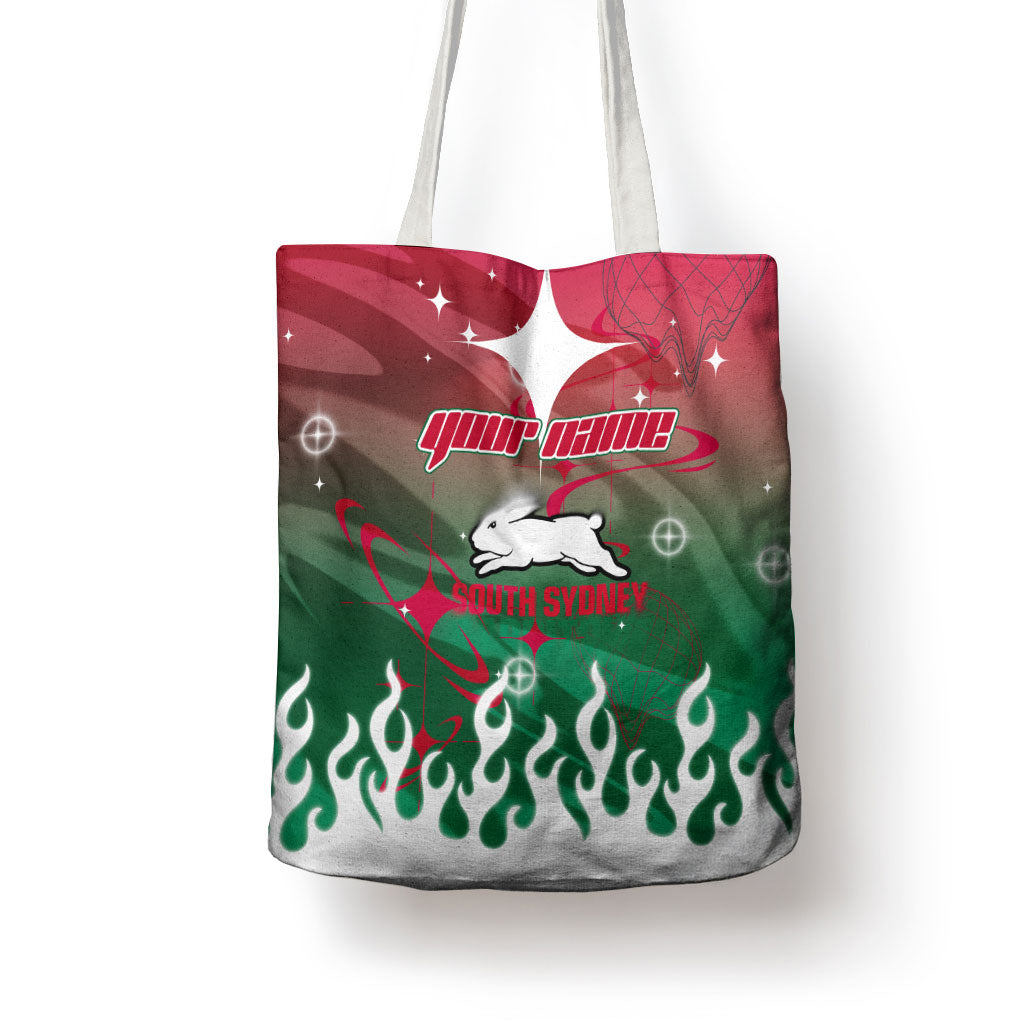 Personalized South Sydney Rabbitohs Tote Bag Y2K Grunge Aesthetic With Cyber Flames and Starburst Graphics