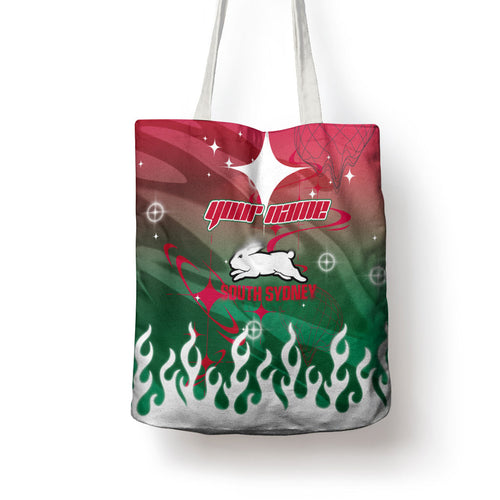 Personalized South Sydney Rabbitohs Tote Bag Y2K Grunge Aesthetic With Cyber Flames and Starburst Graphics