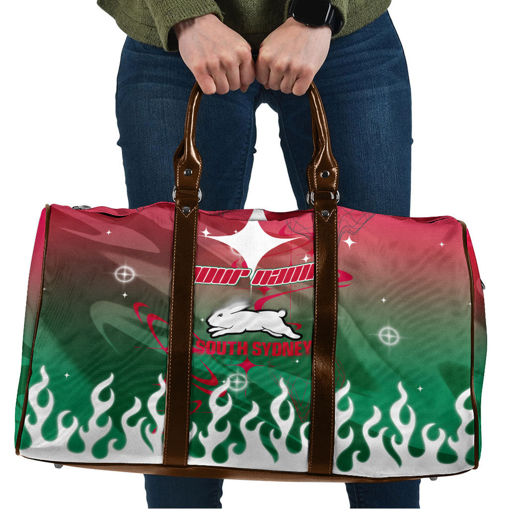 Personalized South Sydney Rabbitohs Travel Bag Y2K Grunge Aesthetic With Cyber Flames and Starburst Graphics