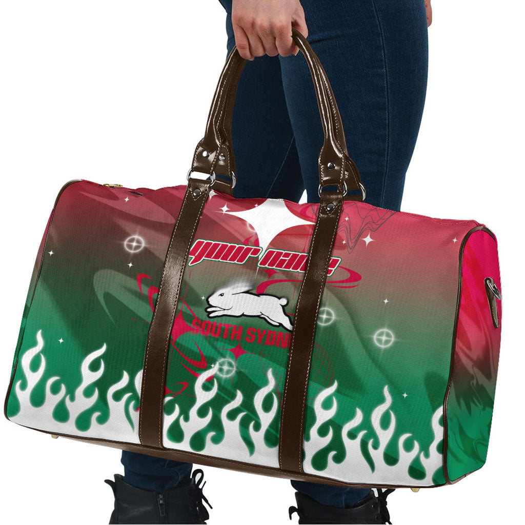 Personalized South Sydney Rabbitohs Travel Bag Y2K Grunge Aesthetic With Cyber Flames and Starburst Graphics