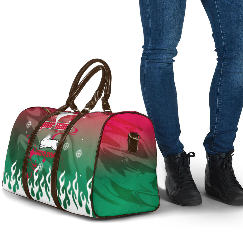 Personalized South Sydney Rabbitohs Travel Bag Y2K Grunge Aesthetic With Cyber Flames and Starburst Graphics