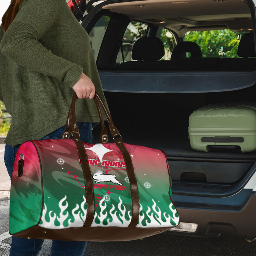 Personalized South Sydney Rabbitohs Travel Bag Y2K Grunge Aesthetic With Cyber Flames and Starburst Graphics