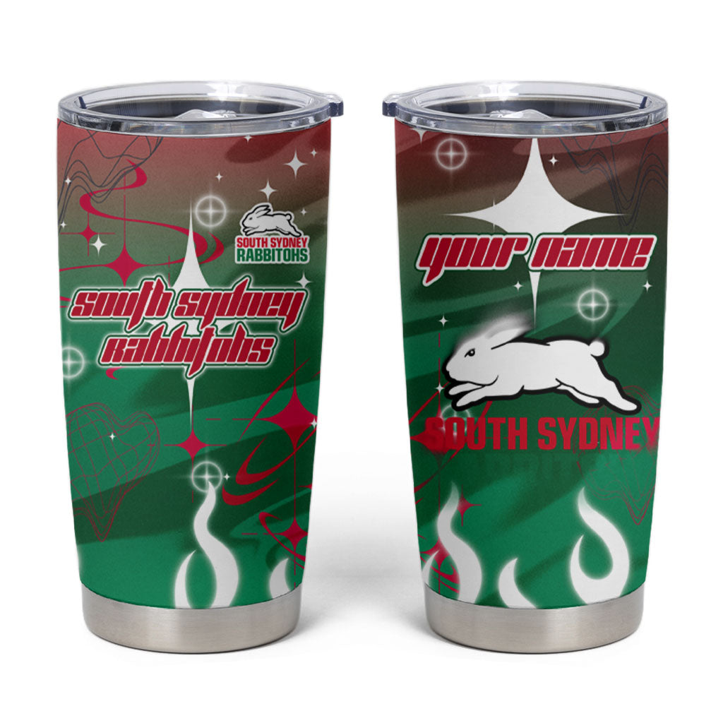 Personalized South Sydney Rabbitohs Tumbler Cup Y2K Grunge Aesthetic With Cyber Flames and Starburst Graphics