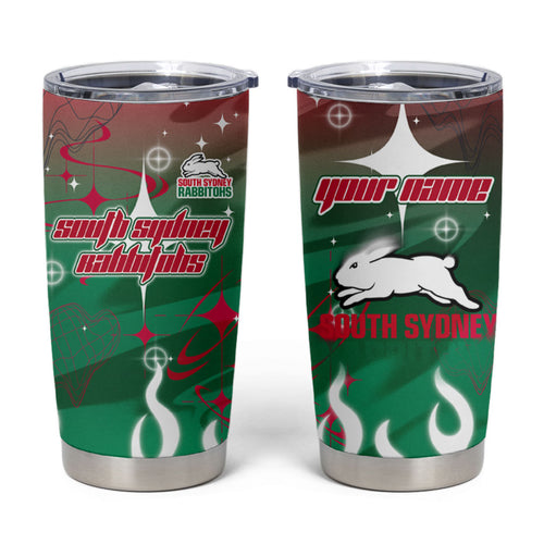 Personalized South Sydney Rabbitohs Tumbler Cup Y2K Grunge Aesthetic With Cyber Flames and Starburst Graphics