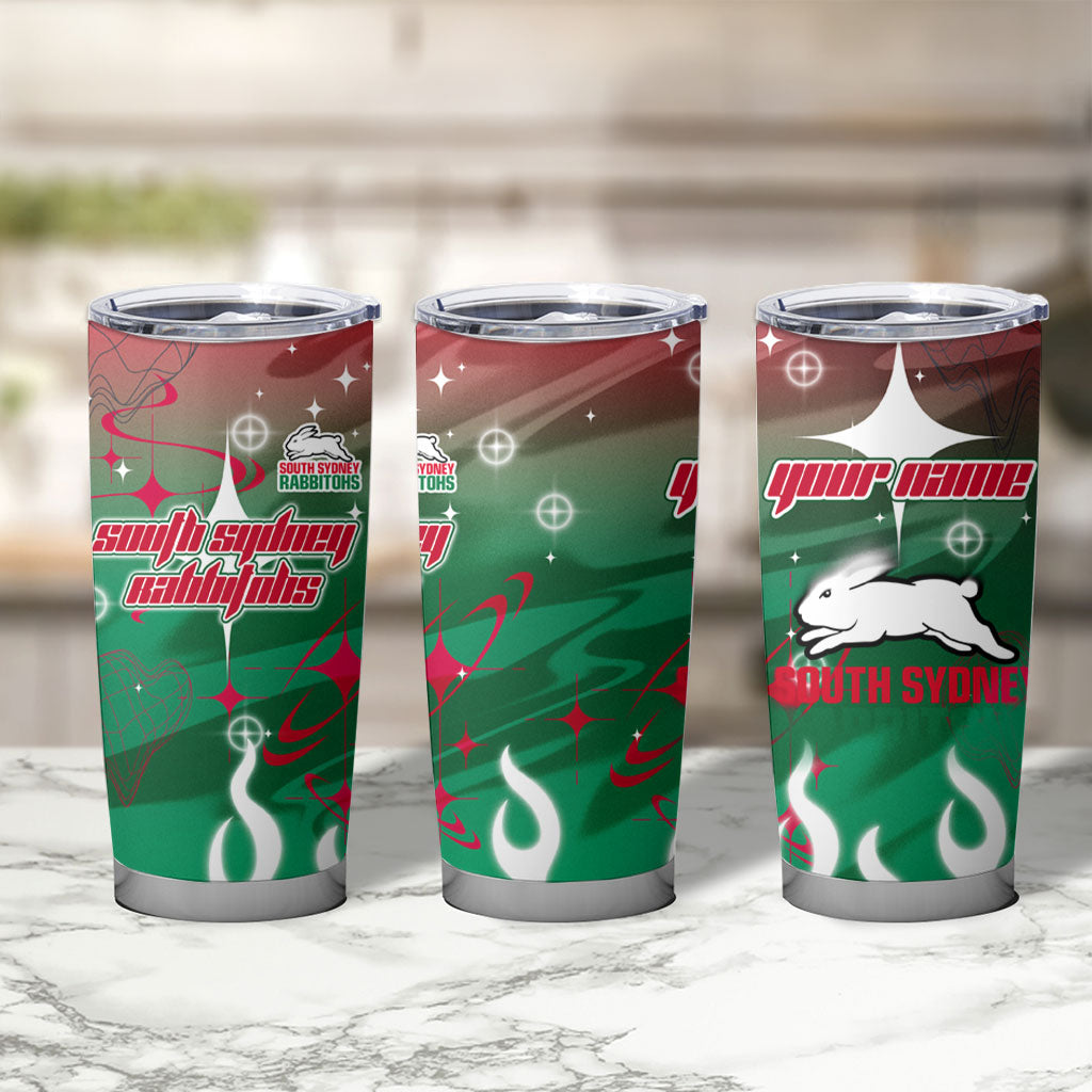 Personalized South Sydney Rabbitohs Tumbler Cup Y2K Grunge Aesthetic With Cyber Flames and Starburst Graphics
