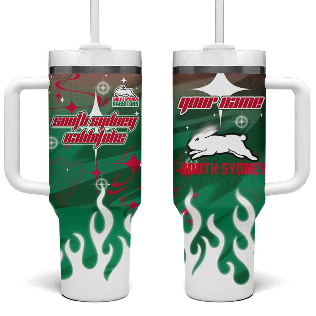 Personalized South Sydney Rabbitohs Tumbler With Handle Y2K Grunge Aesthetic With Cyber Flames and Starburst Graphics