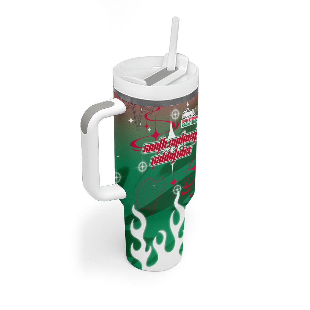 Personalized South Sydney Rabbitohs Tumbler With Handle Y2K Grunge Aesthetic With Cyber Flames and Starburst Graphics
