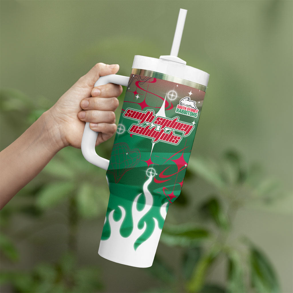 Personalized South Sydney Rabbitohs Tumbler With Handle Y2K Grunge Aesthetic With Cyber Flames and Starburst Graphics