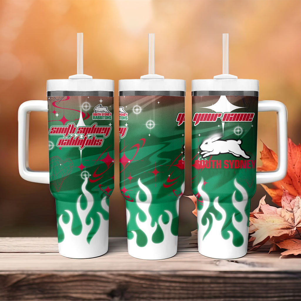 Personalized South Sydney Rabbitohs Tumbler With Handle Y2K Grunge Aesthetic With Cyber Flames and Starburst Graphics
