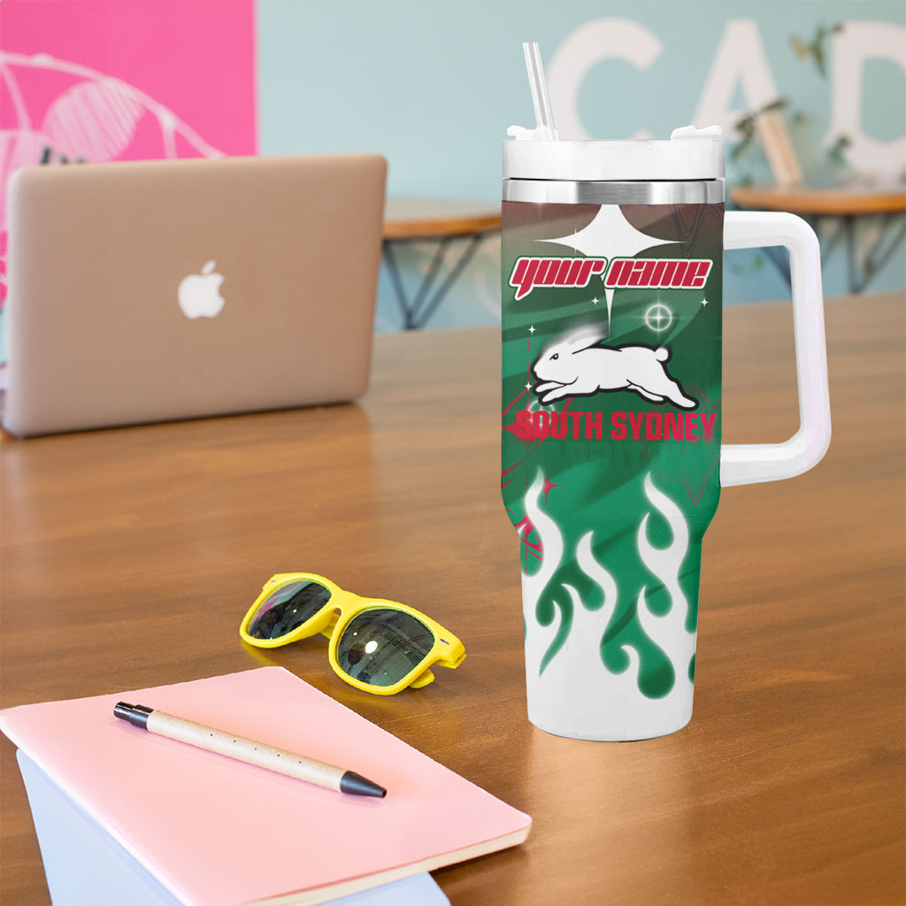 Personalized South Sydney Rabbitohs Tumbler With Handle Y2K Grunge Aesthetic With Cyber Flames and Starburst Graphics
