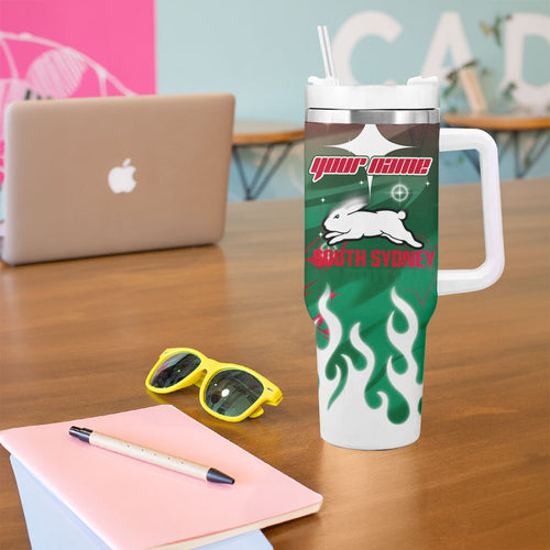 Personalized South Sydney Rabbitohs Tumbler With Handle Y2K Grunge Aesthetic With Cyber Flames and Starburst Graphics