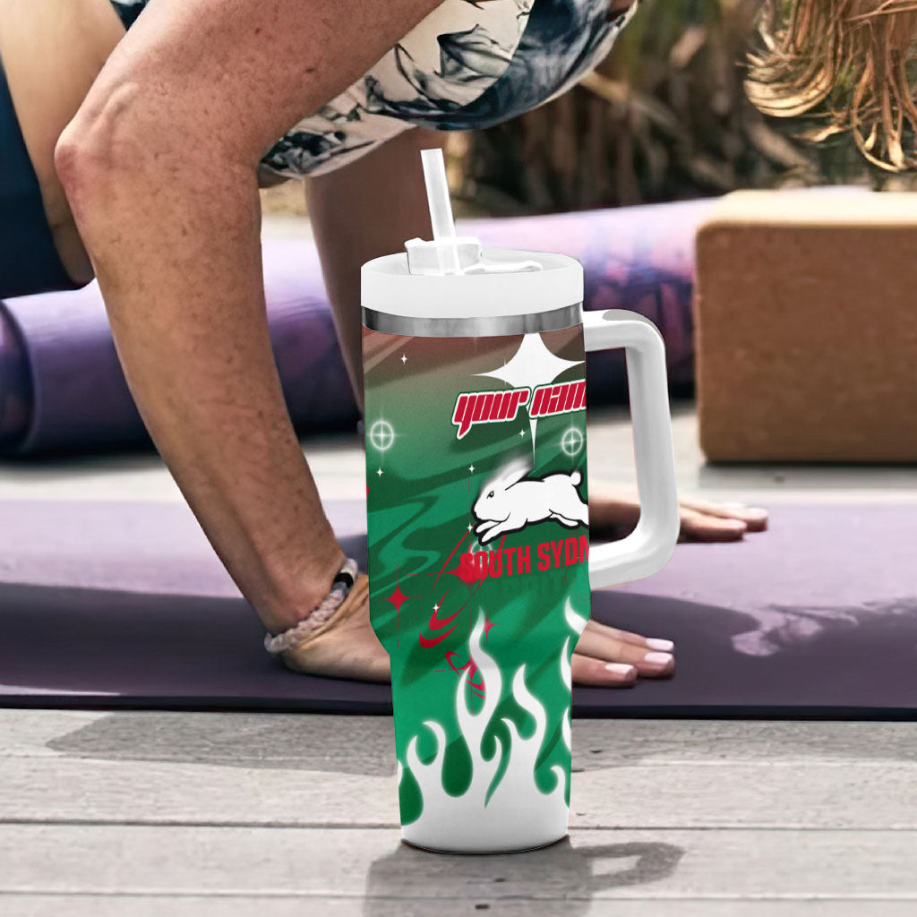 Personalized South Sydney Rabbitohs Tumbler With Handle Y2K Grunge Aesthetic With Cyber Flames and Starburst Graphics