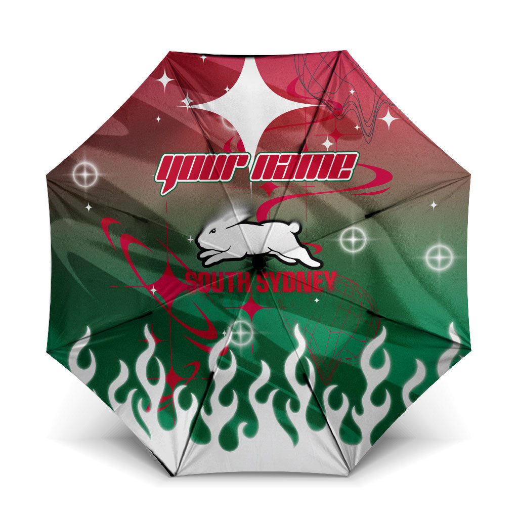 Personalized South Sydney Rabbitohs Umbrella Y2K Grunge Aesthetic With Cyber Flames and Starburst Graphics