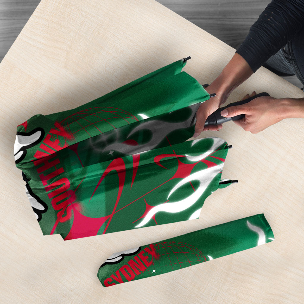 Personalized South Sydney Rabbitohs Umbrella Y2K Grunge Aesthetic With Cyber Flames and Starburst Graphics