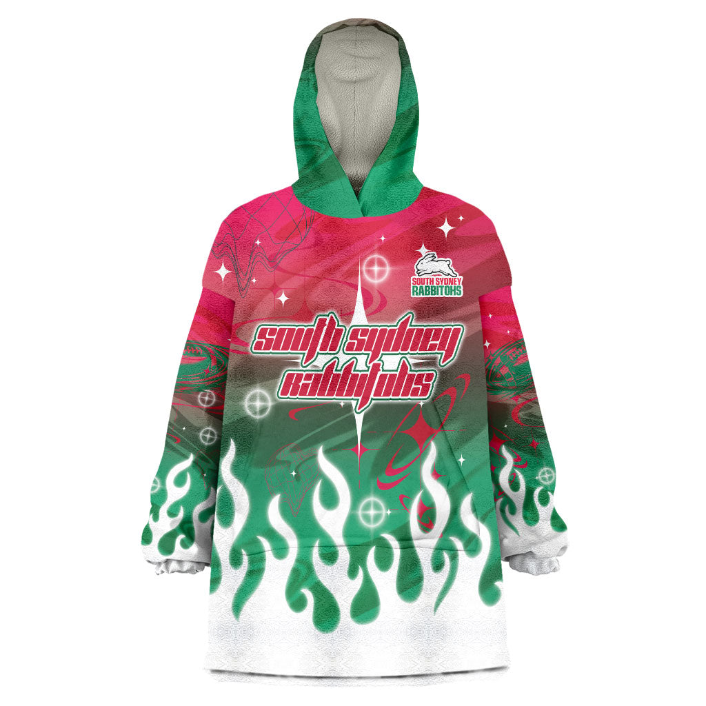 Personalized South Sydney Rabbitohs Wearable Blanket Hoodie Y2K Grunge Aesthetic With Cyber Flames and Starburst Graphics