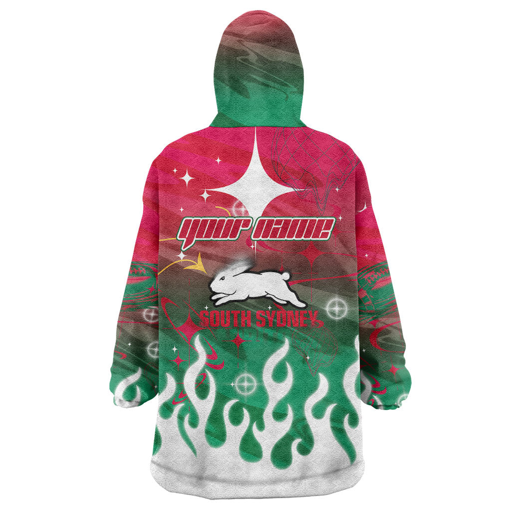 Personalized South Sydney Rabbitohs Wearable Blanket Hoodie Y2K Grunge Aesthetic With Cyber Flames and Starburst Graphics