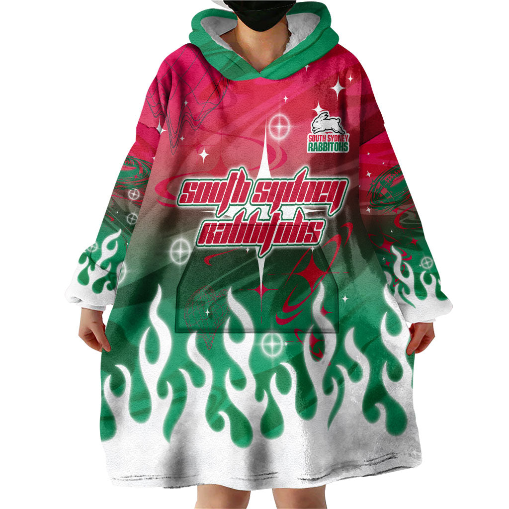 Personalized South Sydney Rabbitohs Wearable Blanket Hoodie Y2K Grunge Aesthetic With Cyber Flames and Starburst Graphics
