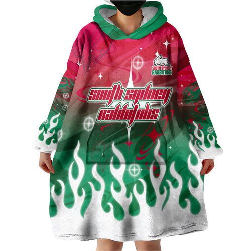 Personalized South Sydney Rabbitohs Wearable Blanket Hoodie Y2K Grunge Aesthetic With Cyber Flames and Starburst Graphics