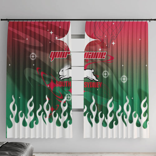 Personalized South Sydney Rabbitohs Window Curtain Y2K Grunge Aesthetic With Cyber Flames and Starburst Graphics