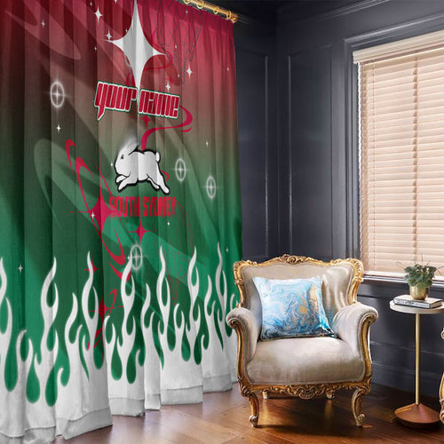 Personalized South Sydney Rabbitohs Window Curtain Y2K Grunge Aesthetic With Cyber Flames and Starburst Graphics