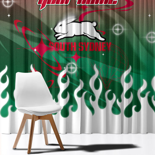 Personalized South Sydney Rabbitohs Window Curtain Y2K Grunge Aesthetic With Cyber Flames and Starburst Graphics