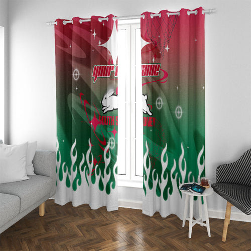 Personalized South Sydney Rabbitohs Window Curtain Y2K Grunge Aesthetic With Cyber Flames and Starburst Graphics