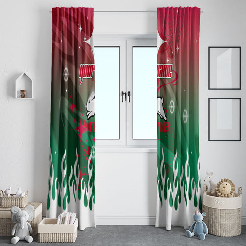 Personalized South Sydney Rabbitohs Window Curtain Y2K Grunge Aesthetic With Cyber Flames and Starburst Graphics