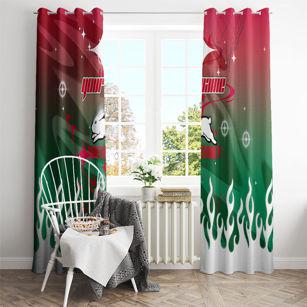 Personalized South Sydney Rabbitohs Window Curtain Y2K Grunge Aesthetic With Cyber Flames and Starburst Graphics