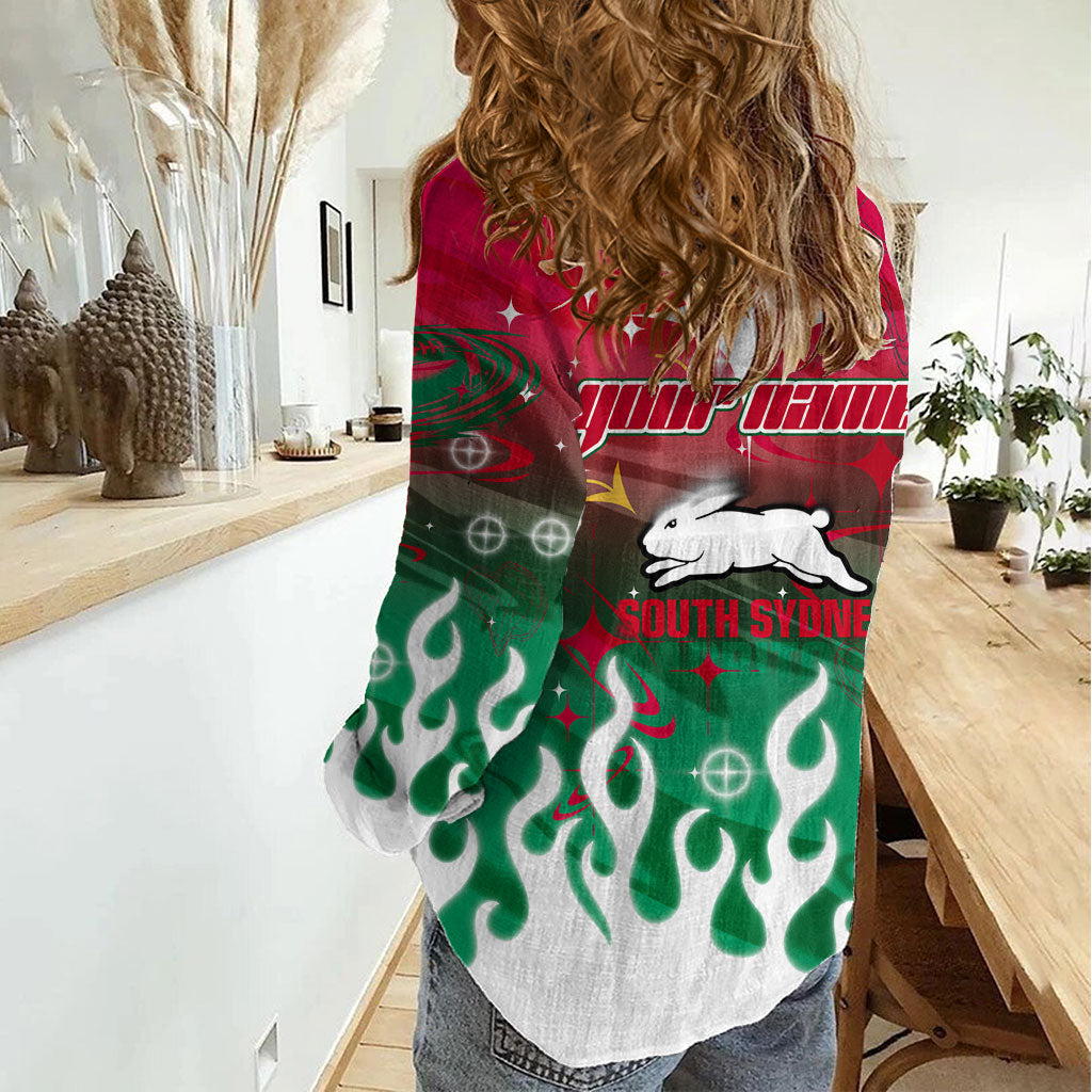 Personalized South Sydney Rabbitohs Women Casual Shirt Y2K Grunge Aesthetic With Cyber Flames and Starburst Graphics