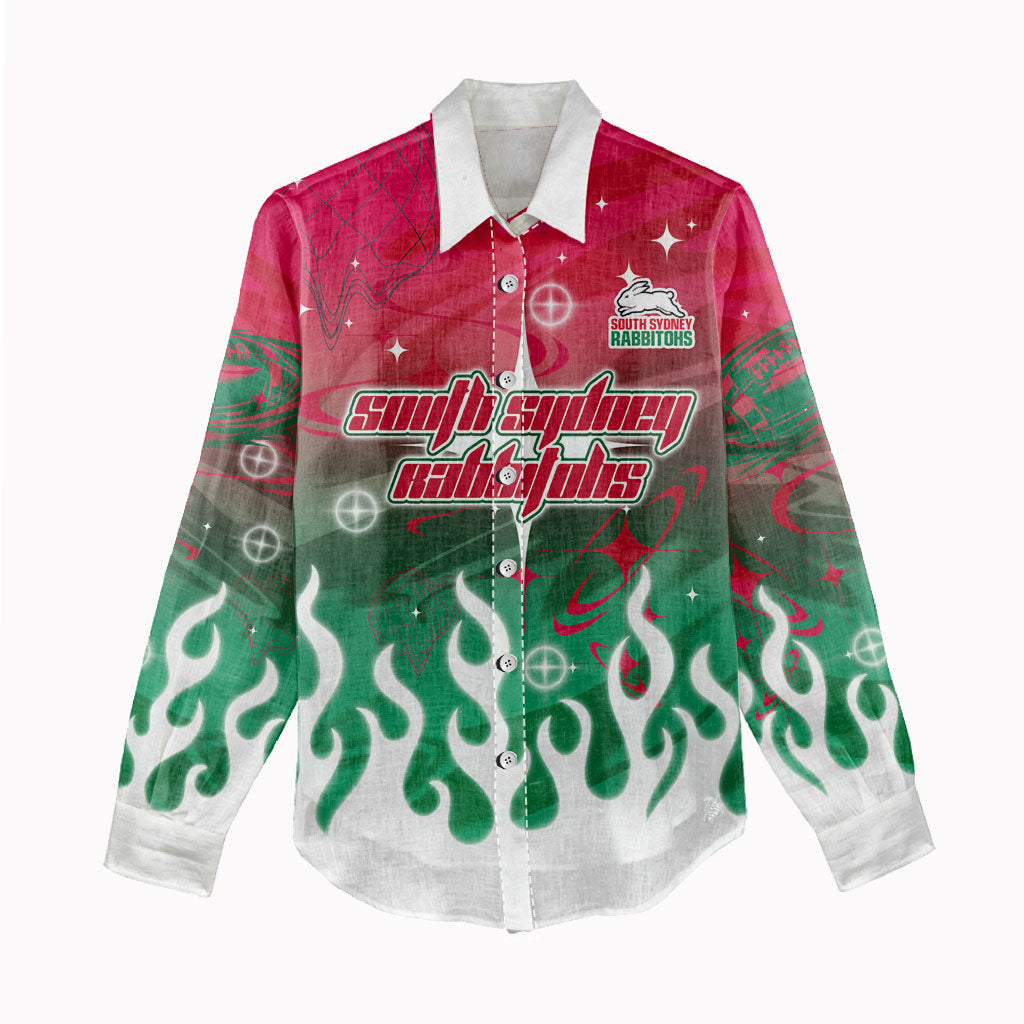 Personalized South Sydney Rabbitohs Women Casual Shirt Y2K Grunge Aesthetic With Cyber Flames and Starburst Graphics
