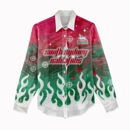 Personalized South Sydney Rabbitohs Women Casual Shirt Y2K Grunge Aesthetic With Cyber Flames and Starburst Graphics