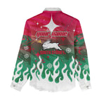 Personalized South Sydney Rabbitohs Women Casual Shirt Y2K Grunge Aesthetic With Cyber Flames and Starburst Graphics