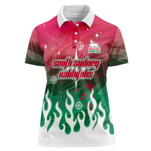 Personalized South Sydney Rabbitohs Women Polo Shirt Y2K Grunge Aesthetic With Cyber Flames and Starburst Graphics