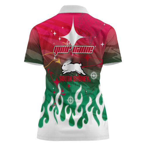 Personalized South Sydney Rabbitohs Women Polo Shirt Y2K Grunge Aesthetic With Cyber Flames and Starburst Graphics