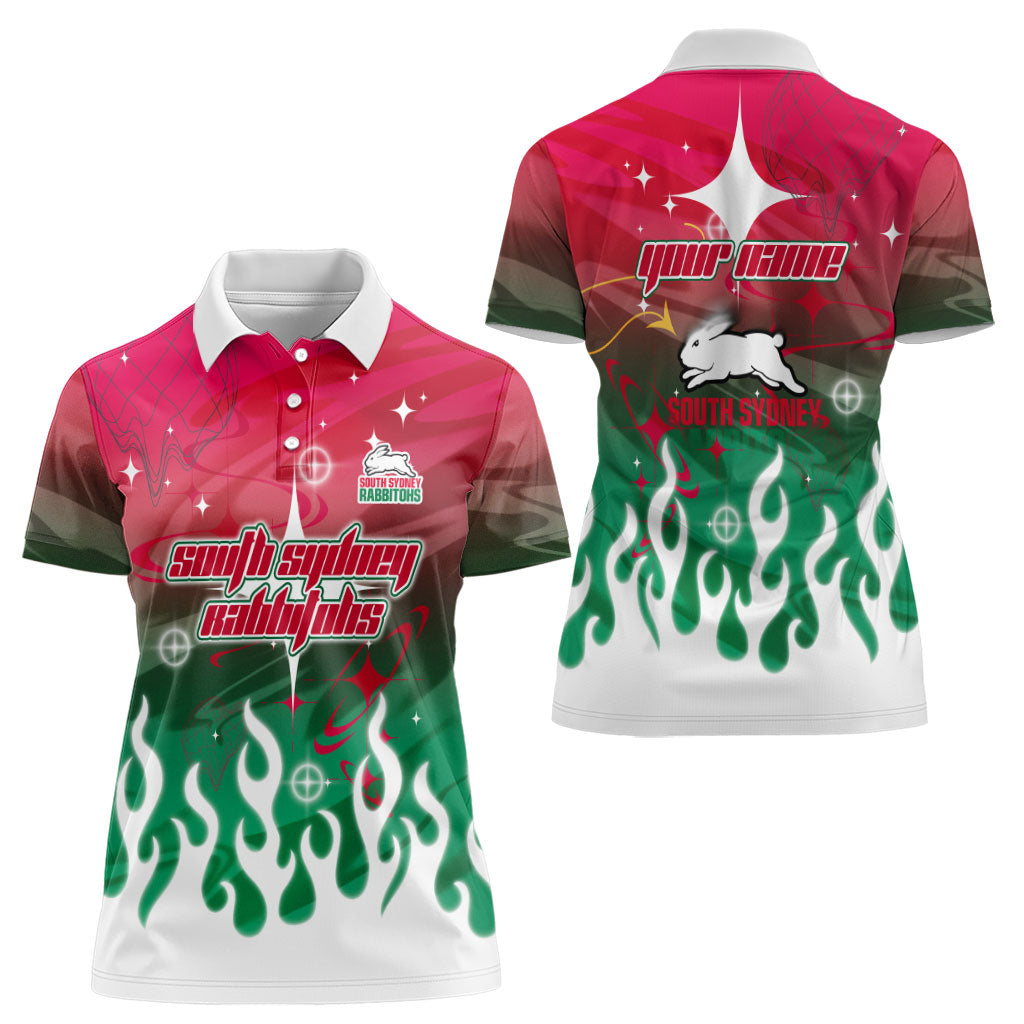 Personalized South Sydney Rabbitohs Women Polo Shirt Y2K Grunge Aesthetic With Cyber Flames and Starburst Graphics