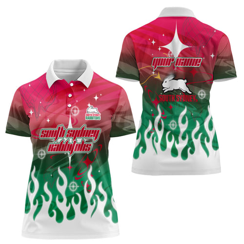 Personalized South Sydney Rabbitohs Women Polo Shirt Y2K Grunge Aesthetic With Cyber Flames and Starburst Graphics