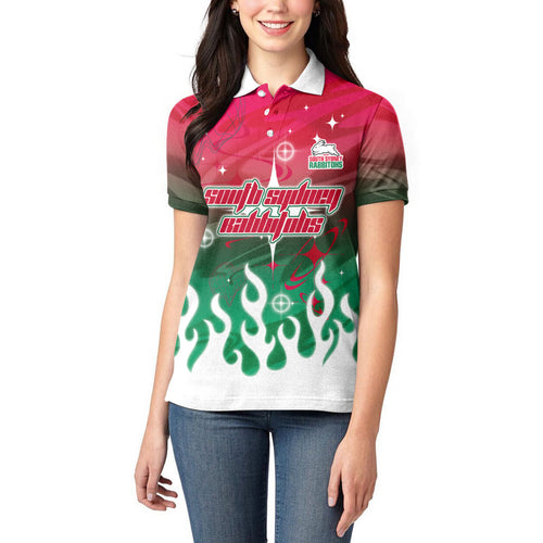 Personalized South Sydney Rabbitohs Women Polo Shirt Y2K Grunge Aesthetic With Cyber Flames and Starburst Graphics