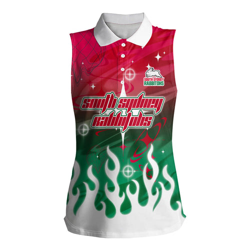 Personalized South Sydney Rabbitohs Women Sleeveless Polo Shirt Y2K Grunge Aesthetic With Cyber Flames and Starburst Graphics
