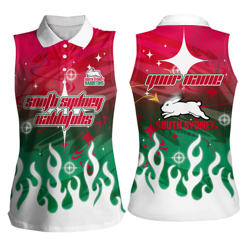 Personalized South Sydney Rabbitohs Women Sleeveless Polo Shirt Y2K Grunge Aesthetic With Cyber Flames and Starburst Graphics