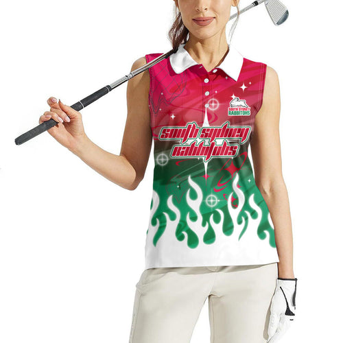 Personalized South Sydney Rabbitohs Women Sleeveless Polo Shirt Y2K Grunge Aesthetic With Cyber Flames and Starburst Graphics