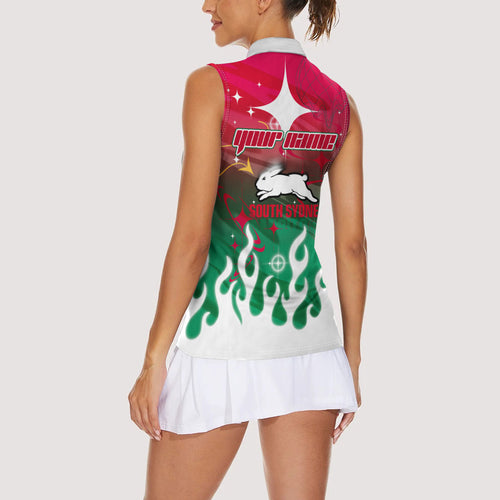 Personalized South Sydney Rabbitohs Women Sleeveless Polo Shirt Y2K Grunge Aesthetic With Cyber Flames and Starburst Graphics
