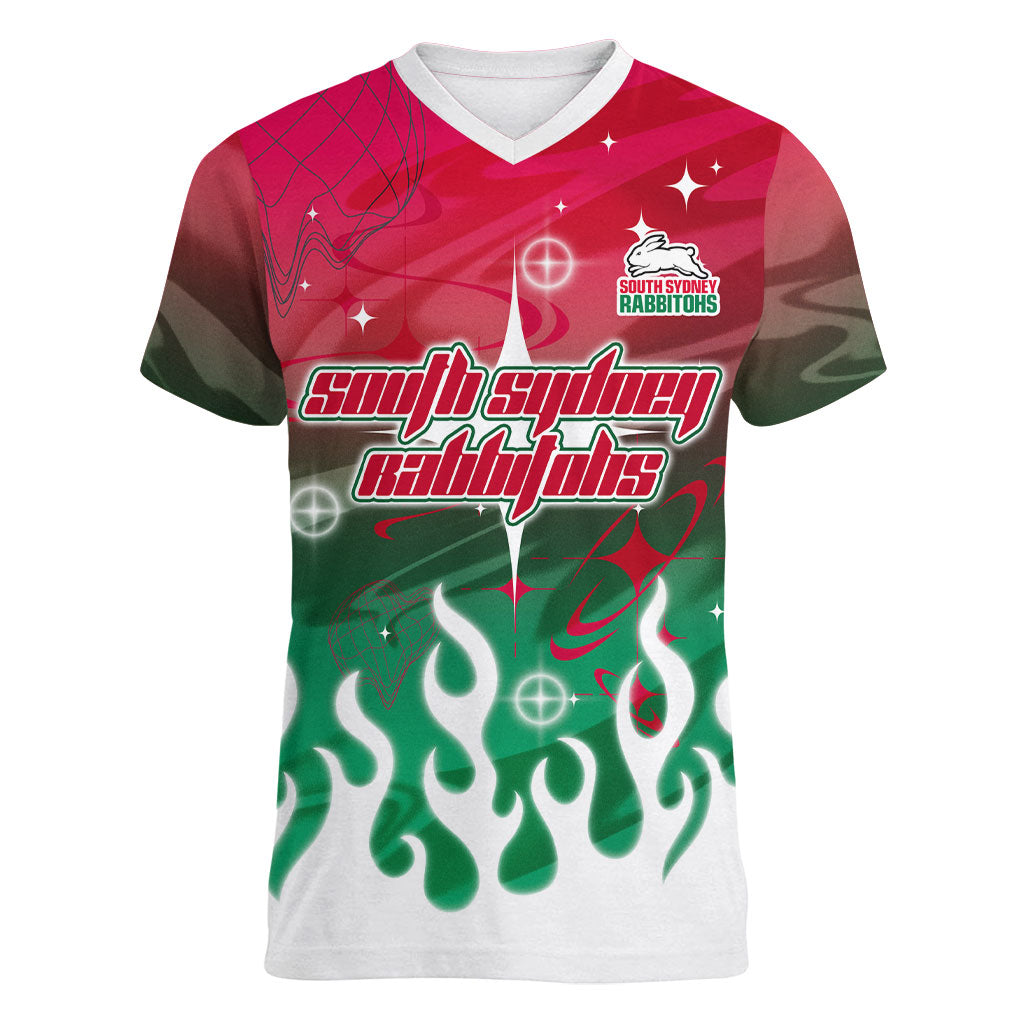 Personalized South Sydney Rabbitohs Women V-Neck T-Shirt Y2K Grunge Aesthetic With Cyber Flames and Starburst Graphics