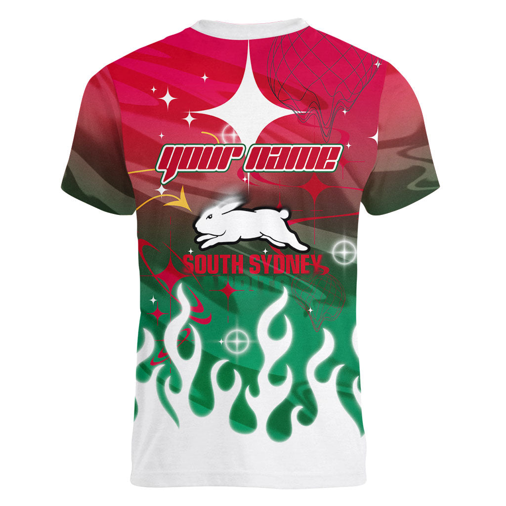 Personalized South Sydney Rabbitohs Women V-Neck T-Shirt Y2K Grunge Aesthetic With Cyber Flames and Starburst Graphics
