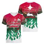 Personalized South Sydney Rabbitohs Women V-Neck T-Shirt Y2K Grunge Aesthetic With Cyber Flames and Starburst Graphics