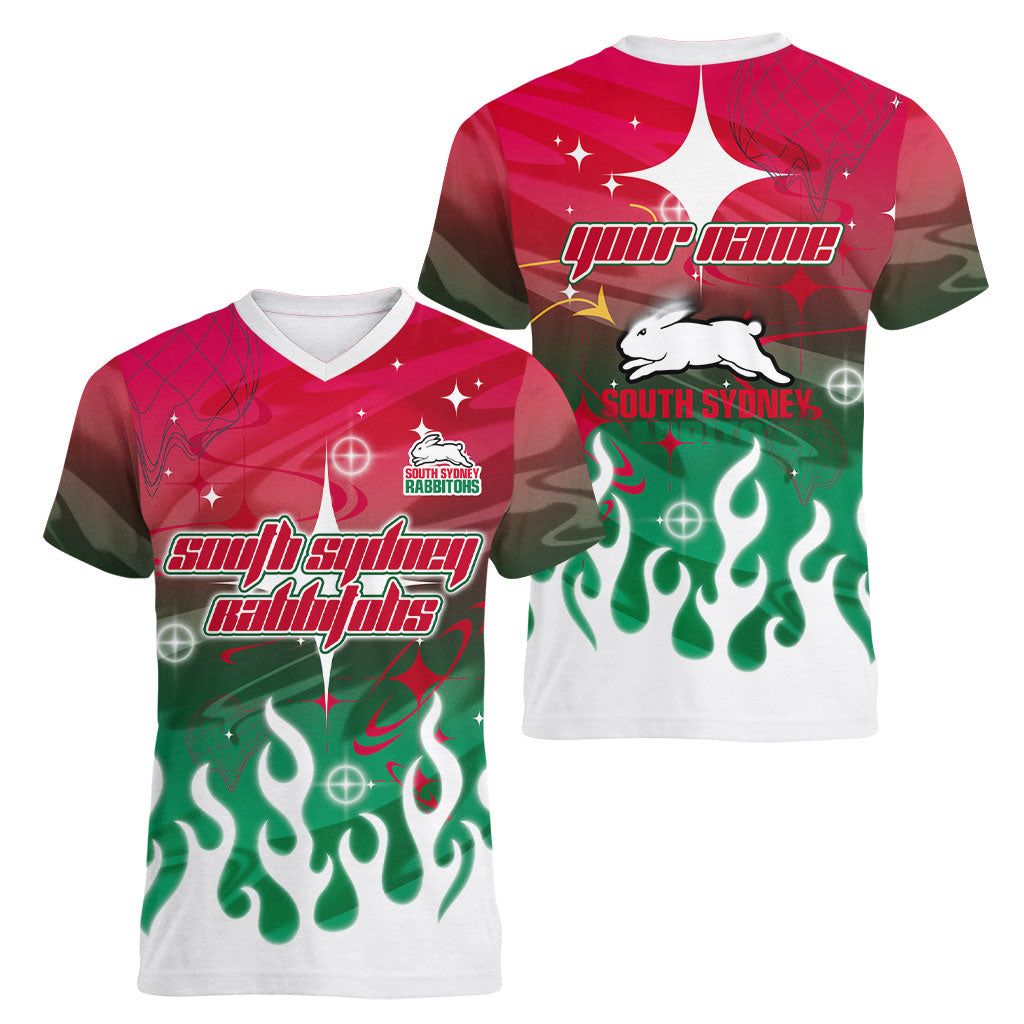 Personalized South Sydney Rabbitohs Women V-Neck T-Shirt Y2K Grunge Aesthetic With Cyber Flames and Starburst Graphics