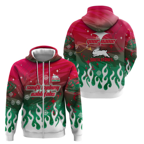 Personalized South Sydney Rabbitohs Zip Hoodie Y2K Grunge Aesthetic With Cyber Flames and Starburst Graphics