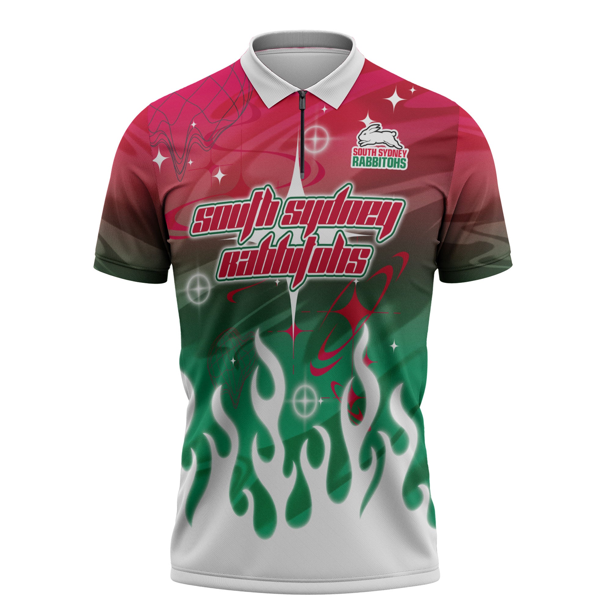 Personalized South Sydney Rabbitohs Zipper Polo Shirt Y2K Grunge Aesthetic With Cyber Flames and Starburst Graphics