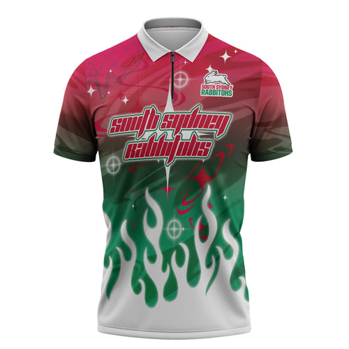 Personalized South Sydney Rabbitohs Zipper Polo Shirt Y2K Grunge Aesthetic With Cyber Flames and Starburst Graphics