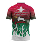 Personalized South Sydney Rabbitohs Zipper Polo Shirt Y2K Grunge Aesthetic With Cyber Flames and Starburst Graphics